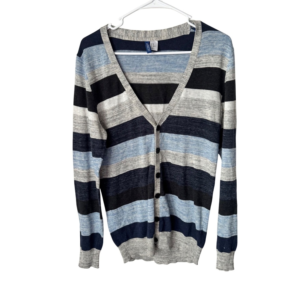 H&M Divided Womens XS Striped V-Neck Button Front Cardigan Navy Blue Grey Black